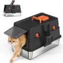 Stainless Steel Litter Box with Lid, Enclosed Metal Cat Litter Box with 120 Flip-Top & Built-in Handle, Easy Clean High-Sided Cat Pan with Cat Scoop Holder for Odor Control,Leak-Proof,Black