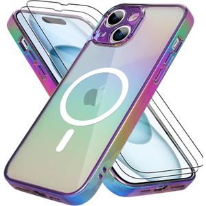 Bonoma for iPhone 15 Case Magnetic Support for Magsafe Bling Laser Iridescent Florescent Crystal Luxury Camera Protector + 2* Screen Protector Shockproof Edge Cover -Purple