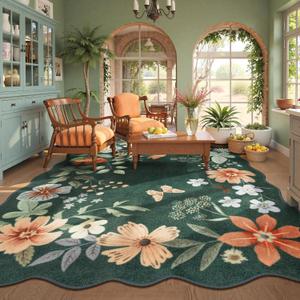 Lahome Floral Washable Rugs 8x10, Non-Slip Soft Bedroom Rug Stain Resistant, Ultra-Thin 8x10 Rugs for Living Room Easy Clean Boho Accent Carpet for Dining Room Office(8x10ft, Dark Green)
