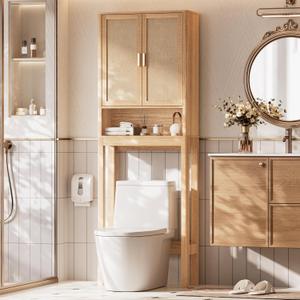 Over the Toilet Storage Cabinet, Bathroom Storage Cabinet with Rattan Doors, Bathroom Cabinet Over Toilet with Adjustable Shelf, Tall Freestanding Over Toilet Bathroom Organizer, Boho Natural Style