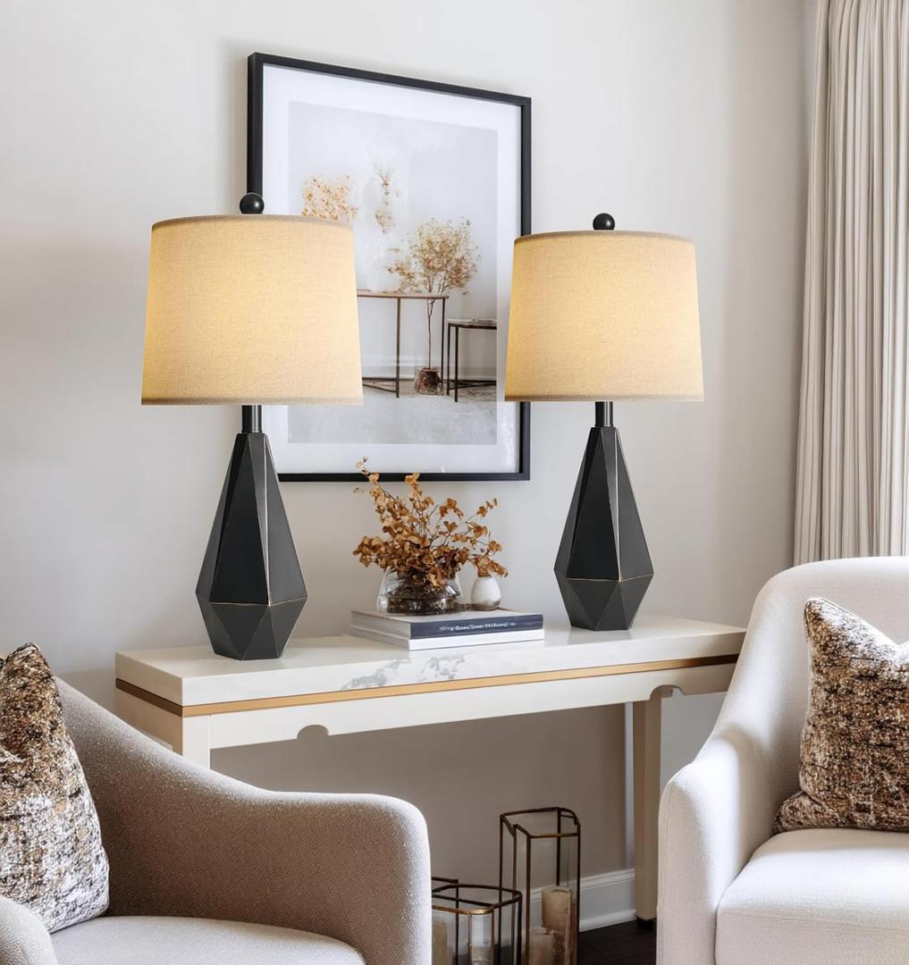 PoKat 23'' Farmhouse Table Lamps Set of 2, Black Bedside Lamps for Bedroom Night Stands, Modern Nightstand Lamps for Living Room, End Side Table, Black (Black with Gold)