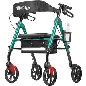 Walkers for Seniors with Seat W20S, Ultra-Stable Foldable Rollator, 350 lbs Heavy-Duty, Smooth 8” Widened Wheels, Dual Height Adjustable, Thickened Ergonomic Seat & Backrest, Shimmer Green
