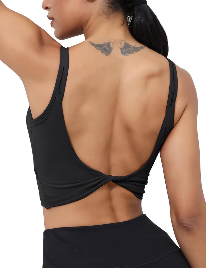 LUYAA Womens Workout Sports Bras Backless Padded Yoga Tank Tops Crop Twist Low Back Cami Bra for Gym (Large, Black)