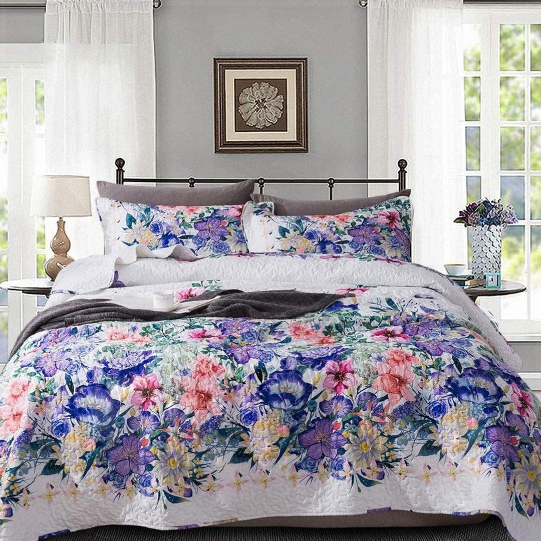 Travan Queen Quilt Set 3-Piece Bedspread Quilted Oversized Lightweight Microfiber Coverlet Set with Shams Violet Purple Floral Pattern Quilted Bedding Set for All Season, Queen (X2-violet)
