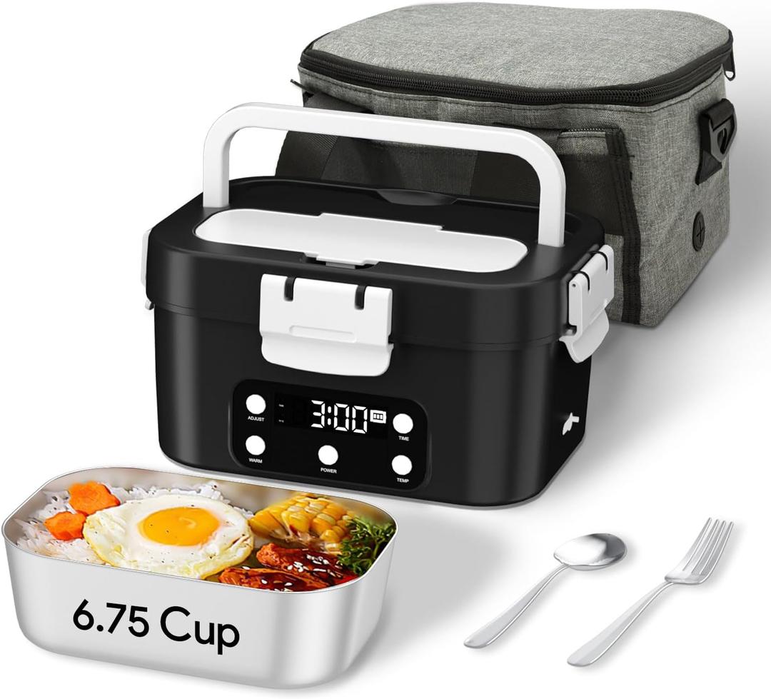 Cordless Electric Lunch Box, 6.75 Cup Automatic Food Warmer (212F), Rechargeable Portable Heated Meal Container for Office, Travel, OutdoorBlack