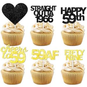 18pcs Black Gold Glitter Dessert Cupcake Pick for Straight Outta 1966 Cheer to 59 Years Old Theme Decor Supplies Happy 59th Birthday Party Decoration