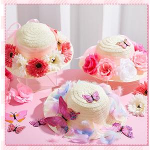 Hotop 197 Pcs DIY Girls Straw Hats Set Tea Party Hats for Kids Include 24 Pcs Straw Hats 48 Pcs Artificial Flower 24 Pcs Faux Butterfly 100 Pcs Fake Feather Straw Hats for Craft Dress up Hats