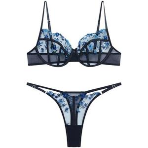 VORIXIA Lingerie Sexy Bra and Panty Set for Women See Through Sheer Underwear Cute Exotic Floral Embroidery Babydoll Suit, Black, L