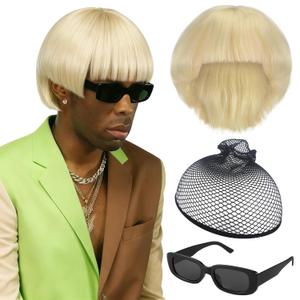 1 Set Rapper Halloween Costume Accessories Include Wig and Sunglasses, Blonde Bob Wig Short Straight Haircut Rectangle Glasses, Halloween Singer Costume Accessories Kit for Adult Cosplay Party