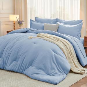 MUXHOMO 7 Pieces Full Comforter Set, Soft Bed in a Bag Full Size, All Season Bedding Set with Comforter, Flat Sheet, Fitted Sheet, Pillowcases & Shams, Greyish Blue (Full(82"x86"))