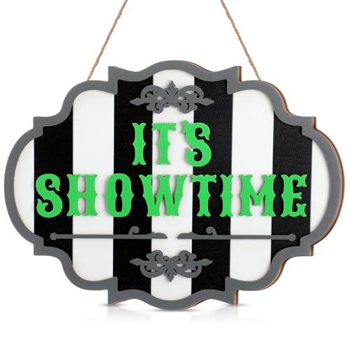 Yousoontic Halloween Door Sign Hanging Decoration It's Showtime Halloween Wooden Wall Front Door Hanging Decoration with Rope Pumpkin Showtime Fun Wall Art for Party Porch Decor
