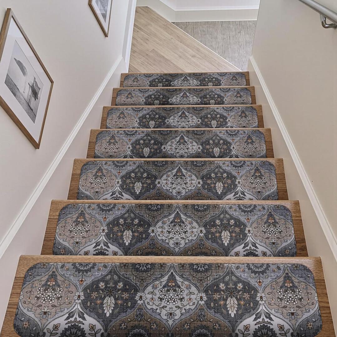 OJIA Non-Slip Stair Treads for Wooden Steps 15 Pack, 30"X8" Rubber Indoor Stair Runner Slip Resistant Stair Rugs Safety Mats for Dogs, Kids & Elders, Stairway Grip Carpet Step Treads Stair Covers (Grey/Multi)