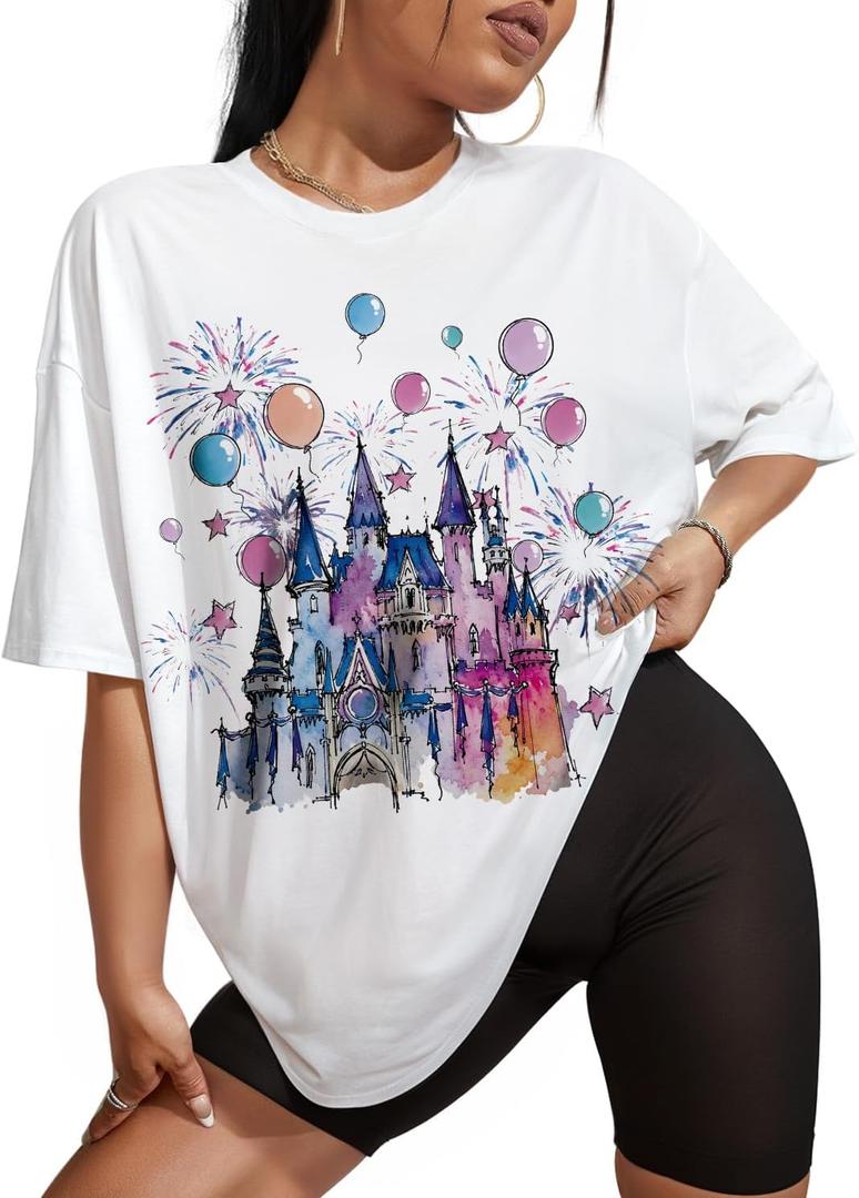 Flafens Oversized Tshirts for Women - T Shirt Graphic Tees Loose Crewneck Pattern Sleeve Cute Print Fashion Summer Tops