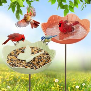 Kinsgyard 2 Pack Free Standing Tray Bird Feeders with Adjustable Pole, Wild Bird Bath for Outdoor Garden Yard Decor, Large Seed Capacity, Easy to Clean and Refill, Red & Green
