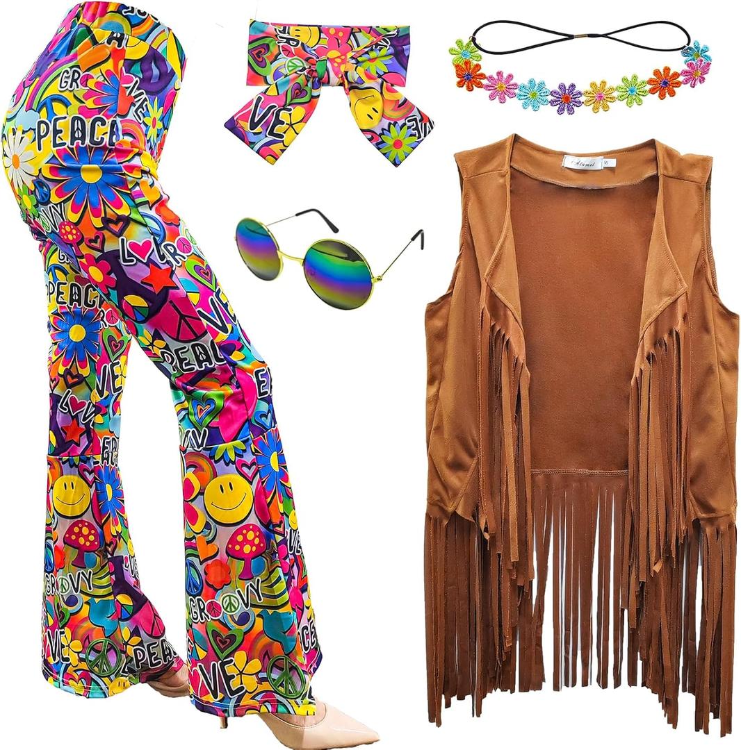 ATAMET 5 Pcs 60s 70s Hippie Costume Disco Outfits Fringe Vest Boho Bell Bottoms Peace Accessories Set Halloween for Women (X-Large, Brown)