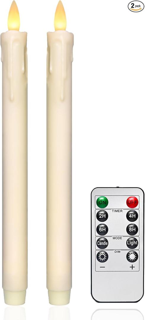 Ivory Flameless Taper Candle - 9 Inch Dripping Wax Design, 3D Flickering Flame, Remote & Timer, 400-Hour Battery, Perfect for Christmas, Holiday Decor, Window & Table Decoration