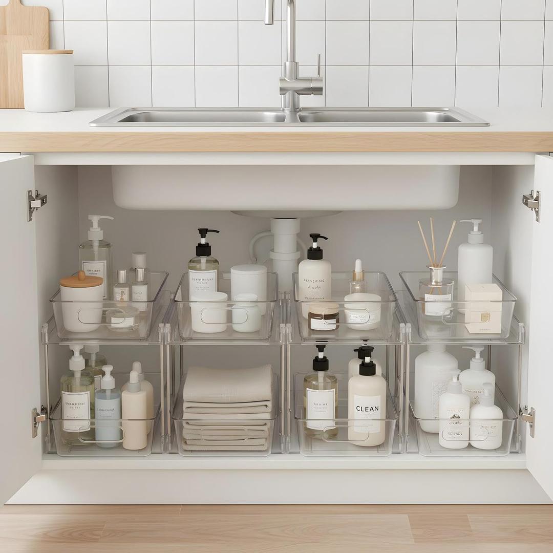 4 Pack Bathroom Organizers and Storage, 2-Tier Clear Under Sink Organizer, Vanity Counter Storage, Medicine Cabinet Organization, Pull-Out Cabinet Organizer With Track For Bathroom, Kitchen, Pantry