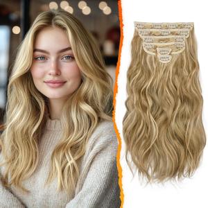 BARSDAR Golden Blonde Clip in Hair Extensions - Golden Blonde Highlight Wavy Clip in Hair Extensions for Women - 16 Inch 6 PCS Voluminous Thick Soft Synthetic Beach Wavy Hairpieces Daily Party