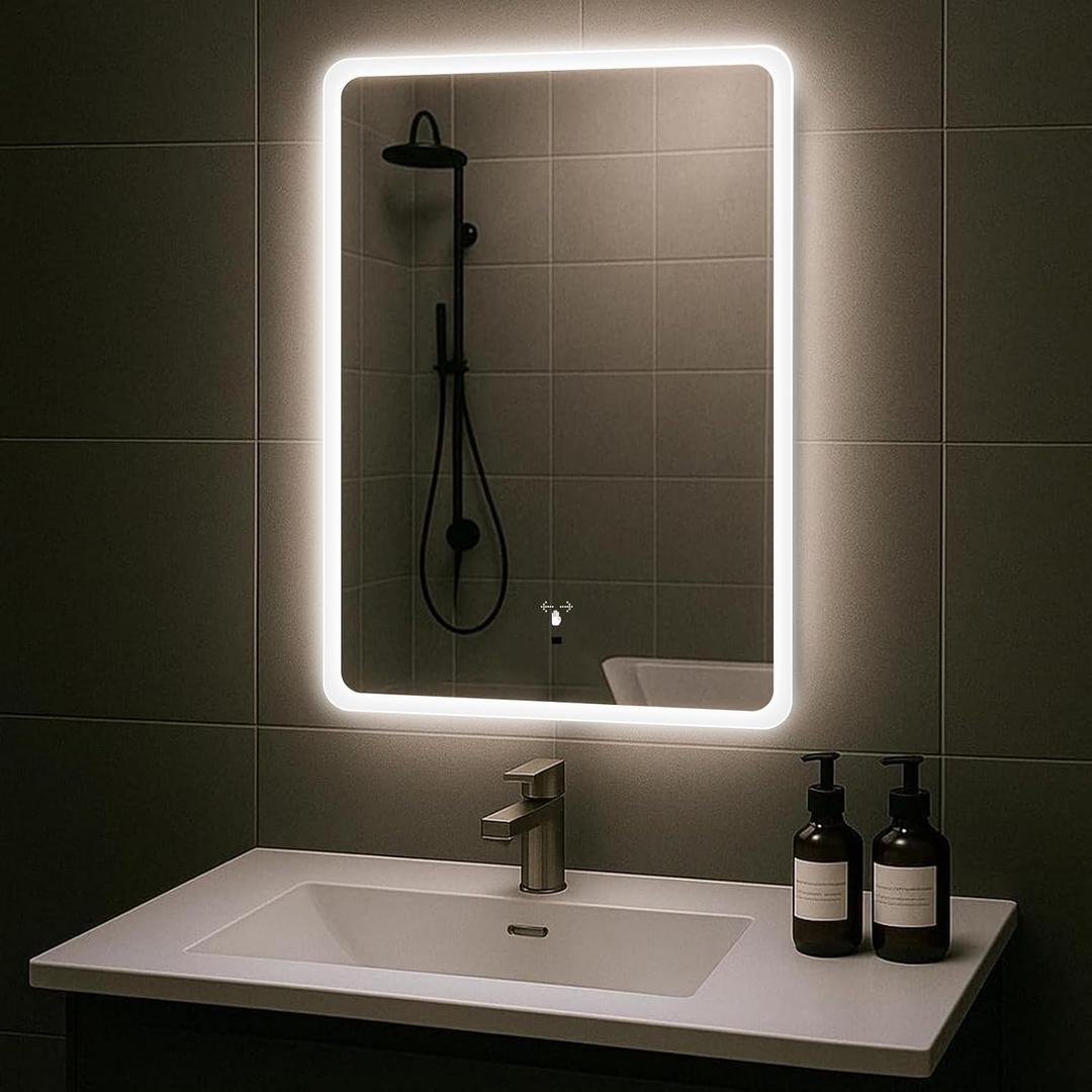 JOHALXER LED Bathroom Mirror, 20x28 in Vanity Mirrors with Backlit Lights for Shaving, Fogless Makeup Mirror Wall Mounted with Demister, Dimmable 3 Color Lighting, IP54, Hand Swipe, Vertically Only