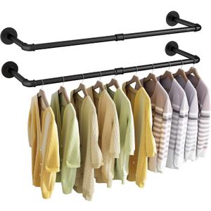 Wall Mounted Clothes Rack 24in, Industrial Pipe Wall Mount Clothing Rack, Heavy Duty Iron Garment Racks, Space Saver Multi-purpose Hanging Rod for Laundry Room, Closet Storage, 2 Packs