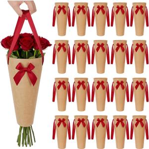 Mooliwe 20 Pcs Mother's Day Flower Bouquet Bags Kraft Paper Flower Gift Bag with Ribbon Handle Floral Bouquet Holder for Mom Teacher Gift Mother's Day Wedding Graduation Florist Supplies(Brown, Red)
