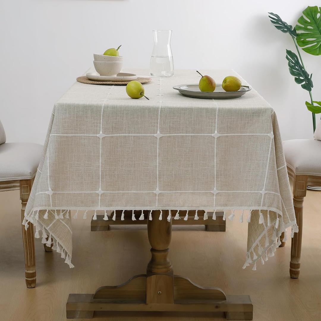 Softalker Outdoor Tablecloth Rectangle, Waterproof Linen Cotton Farmhouse Table Cloths with Tassel, Heavy Weight Wrinkle Free Boho Table Cover for Picnic Camping Dining - 55 x 84 Inch, Coffee Plaid
