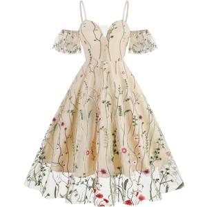 IWEMEK Spaghetti Straps Mesh Floral Embroidery Dress Tulle Flower for Women Embroidered 50s Cocktail Dresses Wedding Guest Tea Party Apricot-Seaweed, Small