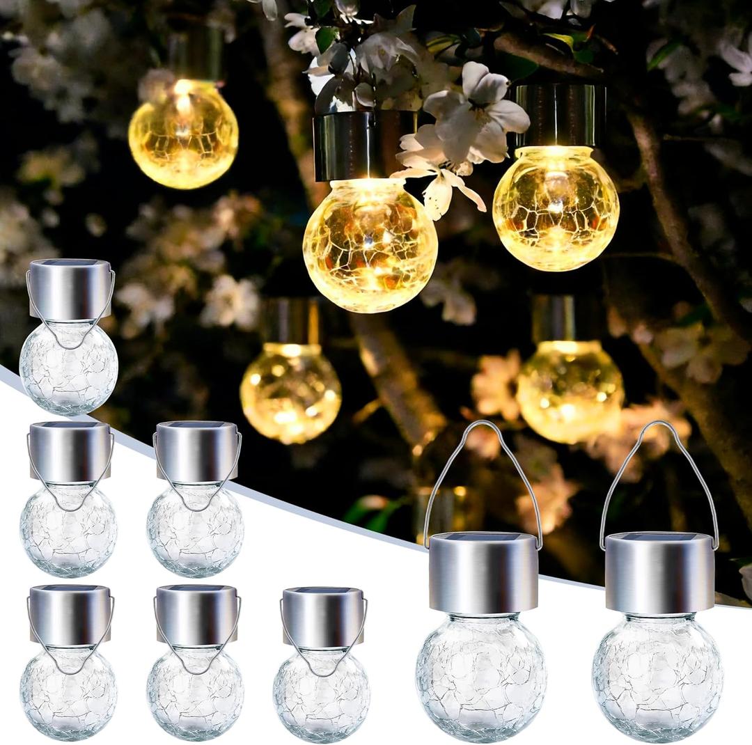 SOLPEX Hanging Solar Lights Outdoor, 8 Pack Decorative Cracked Glass Ball Light, Solar Powered Waterproof Globe Lighting, Hanging Globe Solar Lights for Garden, Yard, Patio, Lawn, Flower Bed (Warm White)