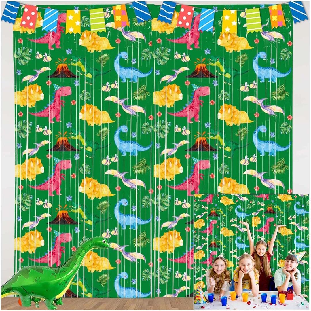 Dinosaur Themed Birthday Party Decorations 2 Pack Tinsel Foil Fringe Curtain Children Baby Shower Parties Supplies Green Photo Booth Prop Backdrop Streamer for Kids 3.3x6.6FT