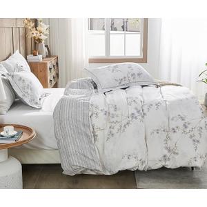 SLEEPBELLA Comforter Queen Size, 600 Thread Count Cotton White Printed with Purple Botanical Comforter Set,Down Alternative Bedding Set 3Pcs(Queen, Purple Botanical)