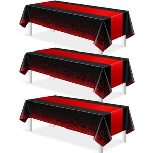 MASHAN 3Pcs Black and Red Tablecloth Party Decorations,Plastic Black Table Cloth Printed Red Table Runner Disposable Rectangle Cover for Birthday Weeding Anniversary Graduation Party,54 x108 Inch