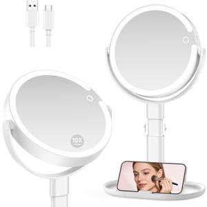 Lighted Makeup Mirror with 10X Magnification, Rechargeable LED Magnifying Vanity Mirror with 3 Lights, Adjustable Height, Storage Base and Phone Holder, White, 7 inch