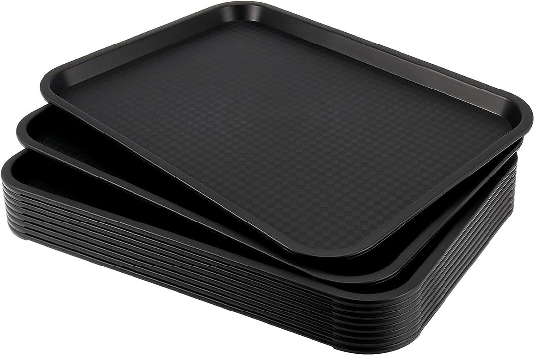 10 Pack Black Plastic Fast Food Tray, 16 x 12 Inch Plastic Cafeteria Trays with Textured Surface, Rectangular Fast Food Serving Trays for Serving and Carrying Food in Restaurant Cafeteria
