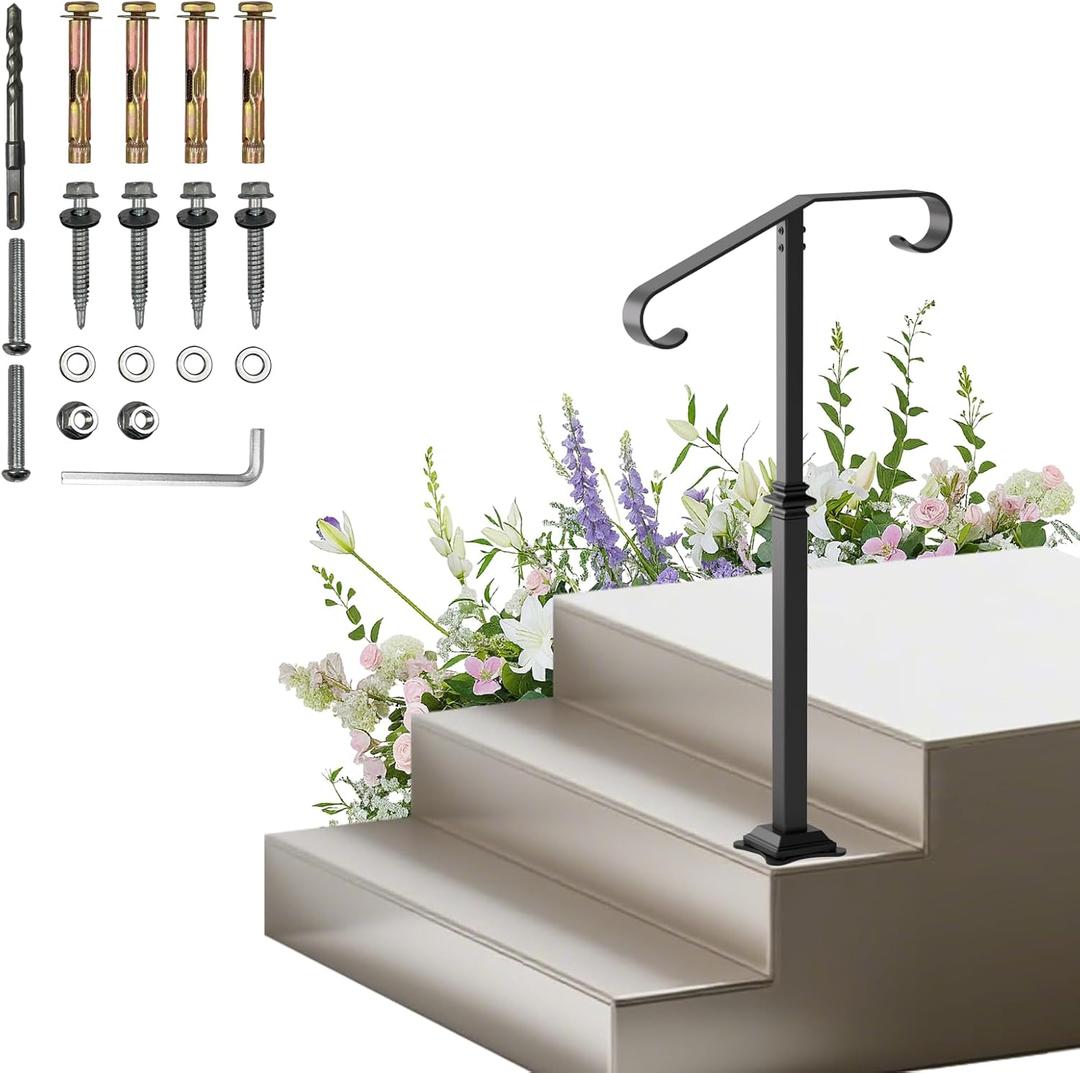 Handrail for Outdoor Step-1-2 Step Stair Railing-Heavy-Duty Metal Railings for Seniors-Powder Coated Single Post Handrail-38 H Wrought Iron Railing for Concrete/Wood Porch/Deck/Indoor Outdoor Stair