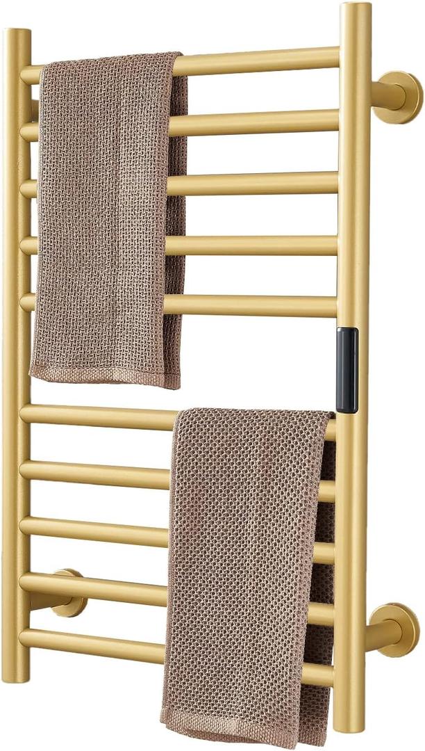 Gold Heated Towel Warmer Radiator Bathroom Accessories, Built-in Timer Temperature Control 10 Bars Electric Heated Towel Racks for Bathroom, Stainless Steel Towel Warmer Drying Rack, (Hardwired)