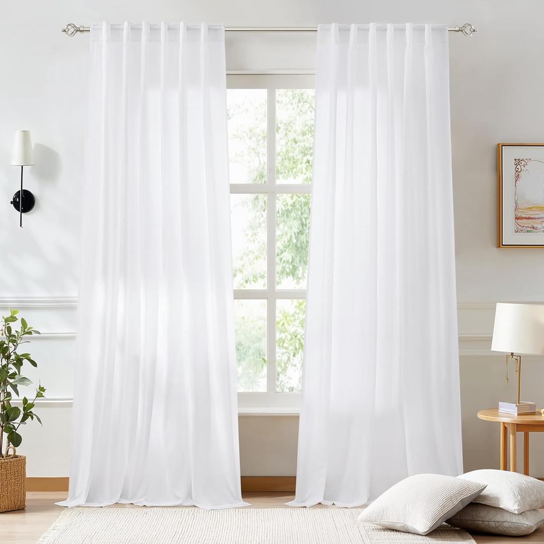 NICETOWN Non-See-Through White Sheer Curtains 96 inches Long 2 Panels, Privacy Rod Pocket & Back Tab Window Drapes Light Filtering for Bedroom/Living Room, W52 x L96