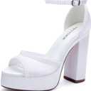 Platform Heels Wedding Shoes for Bride Ankle Strap Bridal Heeled Sandals Wedding Heels (7, White)