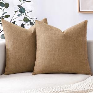 MIULEE Pack of 2 Brown Faux Linen Throw Pillow Covers Square Rustic Farmhouse Decorative Burlap Pillowcases Cushion Covers for Couch Bed Sofa Living Room 18x18 Inch