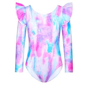 Tziharora Leotards for Girls 8-9 Years Old Long Sleeve Ruffle Gymnastics Bodysuits Pink Blue Scrawl Leos, 140