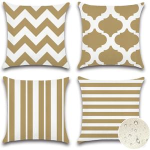 OTOSTAR Set of 4 Waterproof Throw Pillow Covers 20x20 Inch Farmhouse Geometric Square Pillow Cases for Couch Patio Furniture Balcony Garden Outdoor Decoration, Geometry70-Khaki