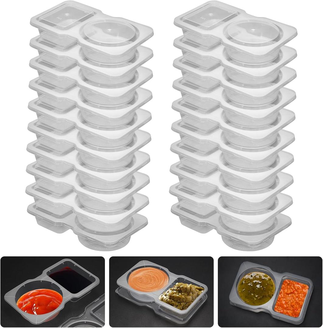 20 Set Reusable Snack Containers, 2-Compartment Dipping Containers with Lid for Refrigeration, Portion Control, Outdoor Takeaway Sauce Dip Case