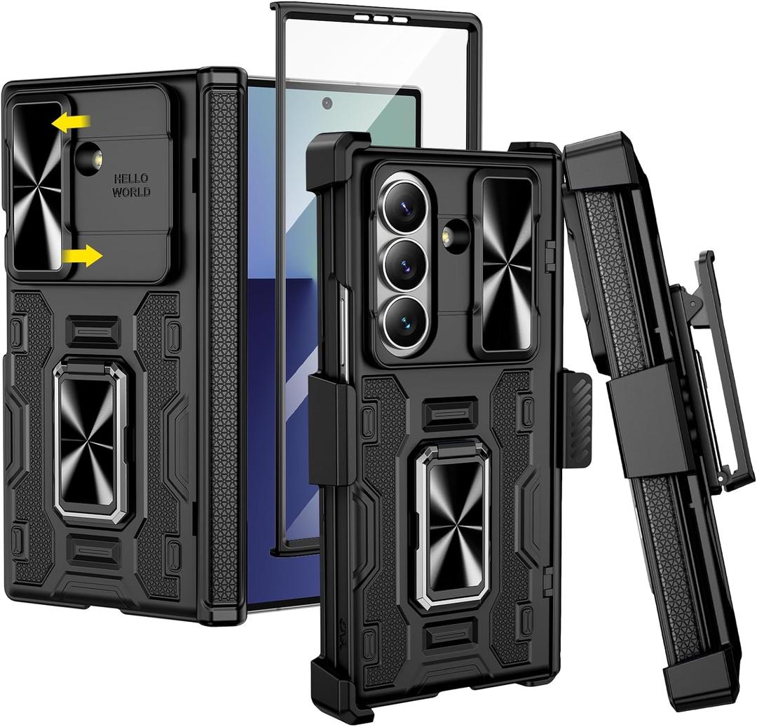 VEGO for Galaxy Z Fold 7 Case with Belt Clip Holster, 360Ring Magnetic Kickstand & Camera Cover & Front Screen Protector & Hinge Protection Shockproof Armor Case for Samsung Z Fold 7 - Black