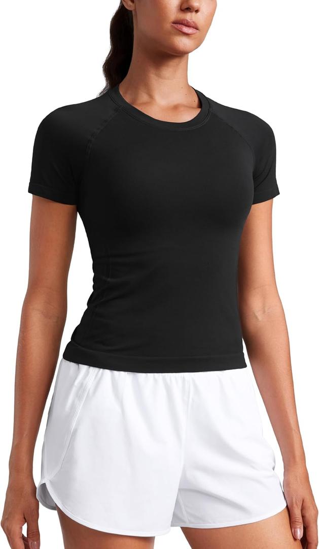 CRZ YOGA Seamless Workout Tops for Women Waist Length - Running Gym Athletic Yoga Short Sleeve Shirts Breathable Crewneck (X-Small, Black)