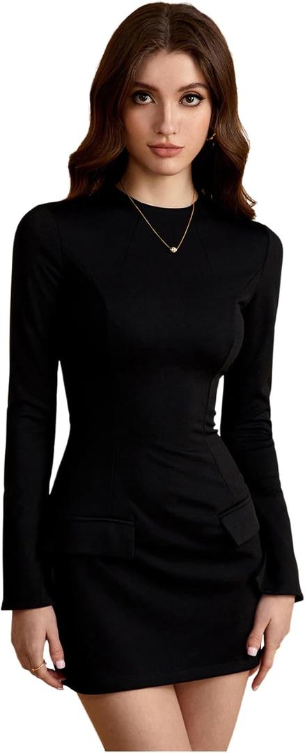 Women's High Waist Split Long Sleeve High Waist Flare Mini Dress, Extra Small 