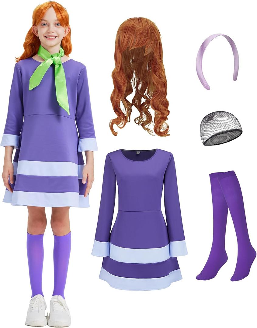 Halloween Costume for Girls - Deluxe Purple Skirt Set with Wig, Socks & Accessories (S(5-6Years))