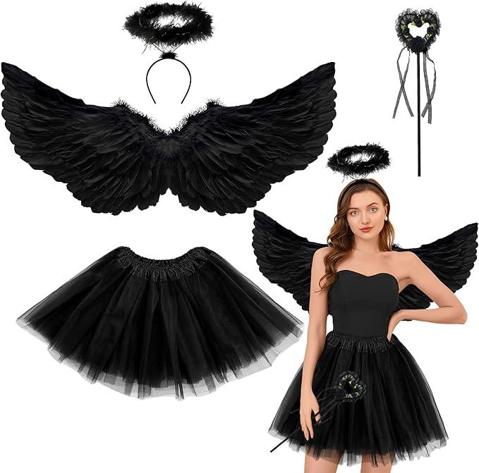 Angel Wings, Angel Wings and Halo Wand Angel Costume Accessories with Tulle Tutu Skirt for Women Cosplay