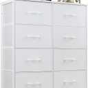 OLIXIS Dresser for Bedroom, 8 Storage Drawers, Tall Large Fabric Storage Tower Organizer, Chest of Drawers with Metal Frame Wooden Top for Nursery, Closet, Living Room, Entryway, Classic White