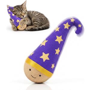 Lulu's world Wooden Interactive Cat Toy with Catnip - Nienie Tumbler Wobble Toy for Indoor Cats, Self-Righting Chaser with Wizard Hat & Stars (Purple) (Blue)