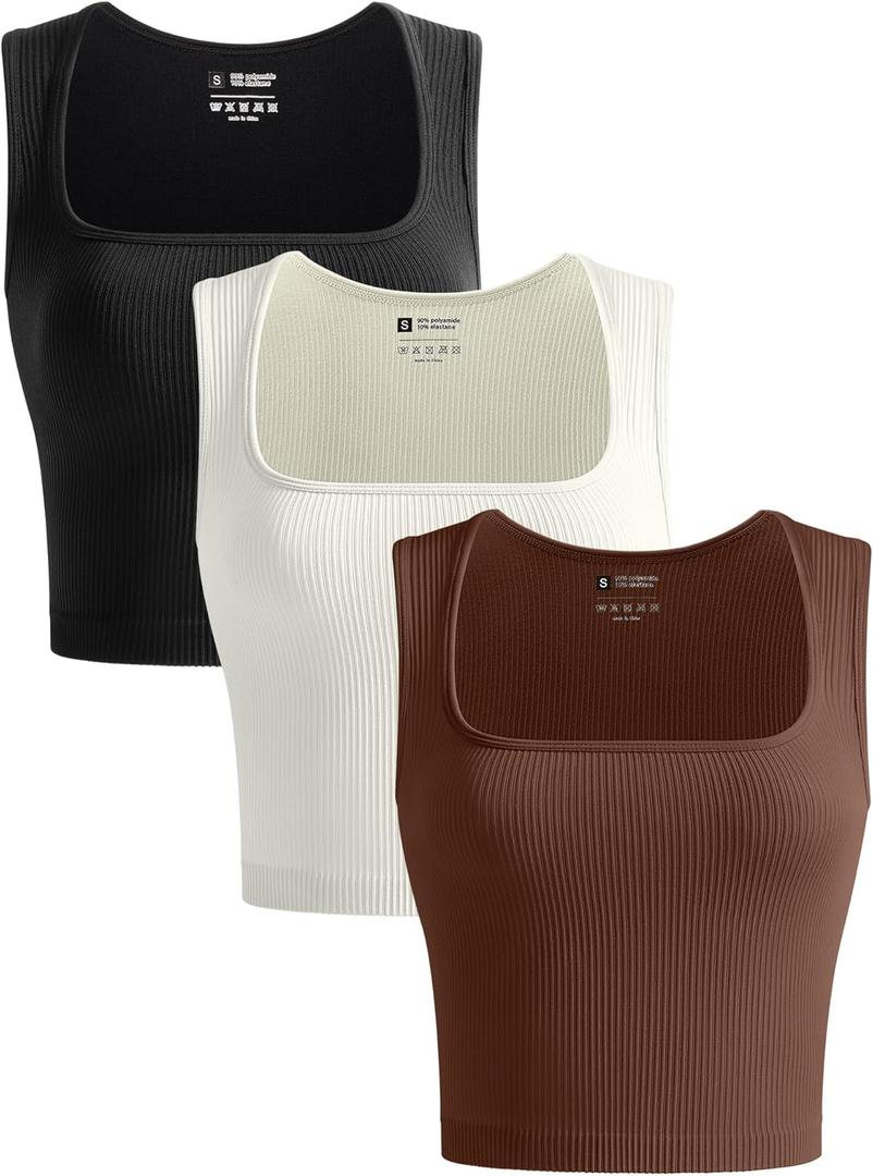 OLCHEE Womens 3 Pack Crop Tank Tops Seamless Ribbed Square Neck Tapered Shoulder Strap Sleeveless Workout Top Summer Shirts (Small, Black + Brown + Beige)