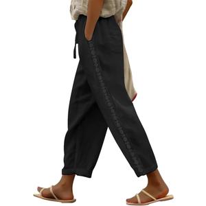 Puimentiua Women Linen Pants Lightweight Pants with Lace Side Summer Casual Beach Drawstring Elastic Waist Trousers Small